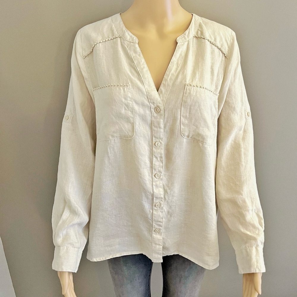 Harve Benard 100% Linen Minimalist Casual Relaxed Fit Button  Down Shirt Blouse.